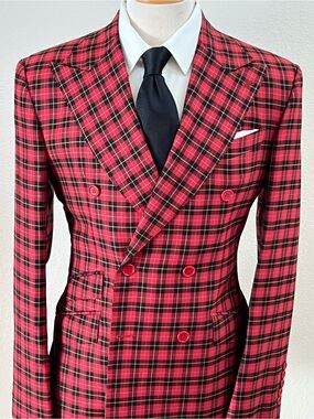 Red Plaid Double-Breasted super 150 Cerruti wool suit